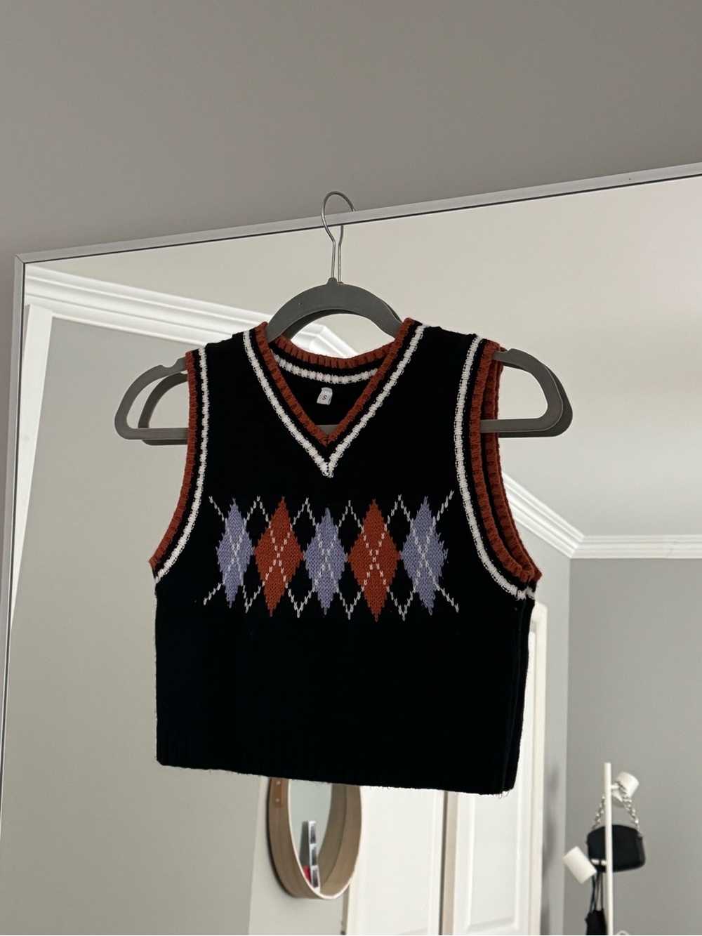 Black Knit Cropped Vest with Rust and Lavender Accents